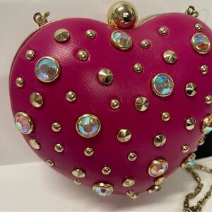 Vintage Juicy Couture Pink Leather Rhinestone Heart Minaudiere Bag.